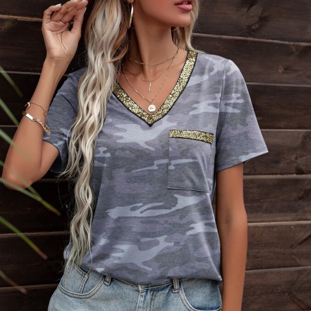 Boho Olive Green Gold Sequin V neck Camo Top - Picture 3 of 6